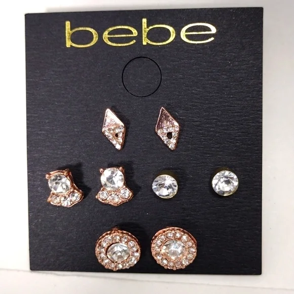 Women’s BEBE Gold & Rose Gold-Tone Stud Earrings – Set of 4 Sparkling Rhinestone - Picture 7 of 7